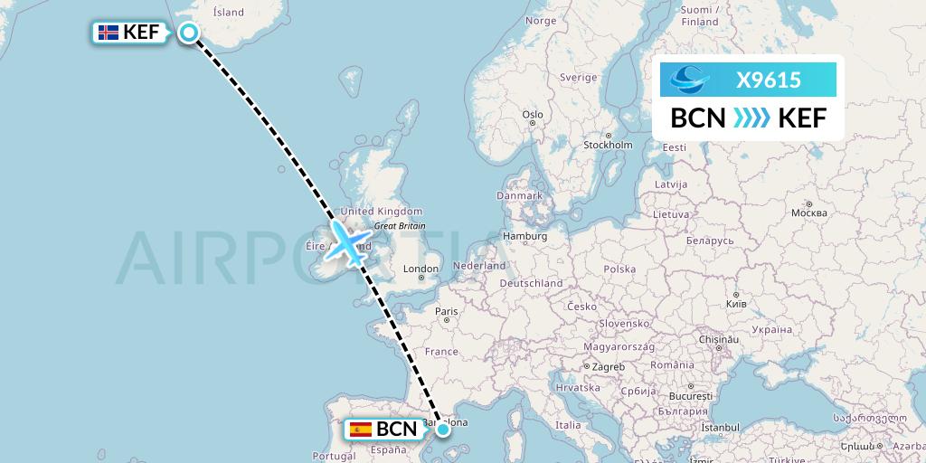 X9615 Avion Express Flight Map: Barcelona to Reykjavik