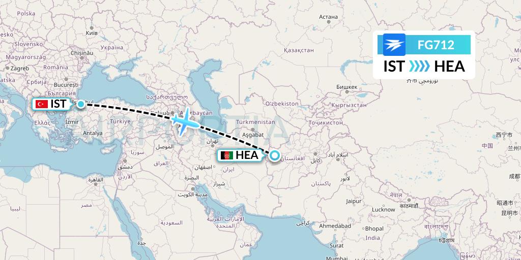 FG712 Ariana Afghan Airlines Flight Map: Istanbul to Herat