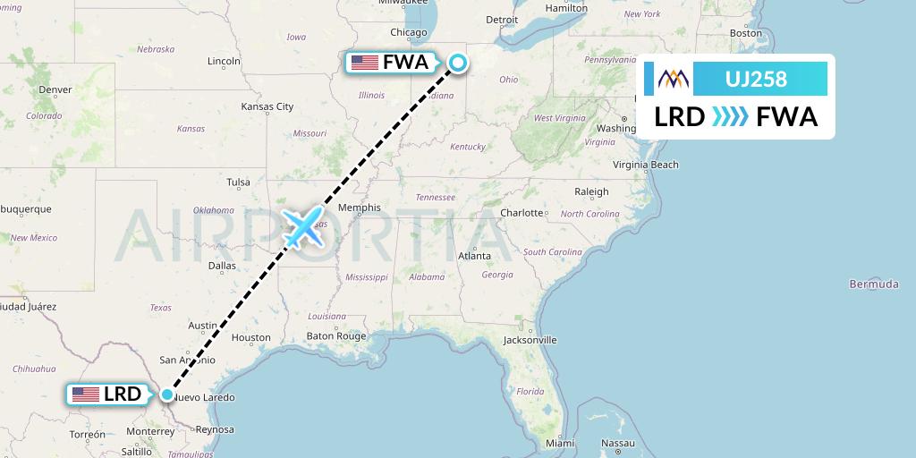 UJ258 AlMasria Universal Airlines Flight Map: Laredo to Fort Wayne