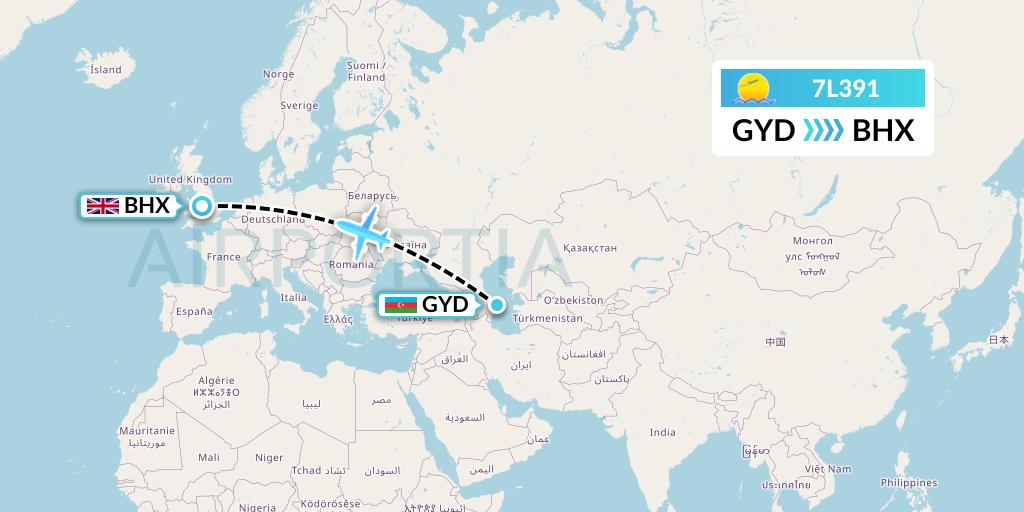 7L391 Silk Way West Airlines Flight Map: Baku to Birmingham