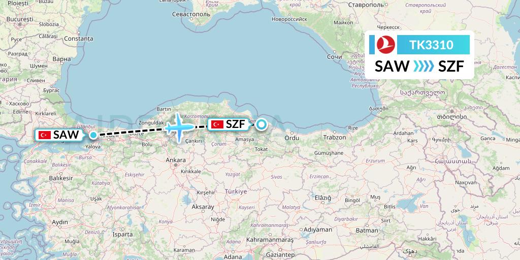 TK3310 Turkish Airlines Flight Map: Istanbul to Samsun