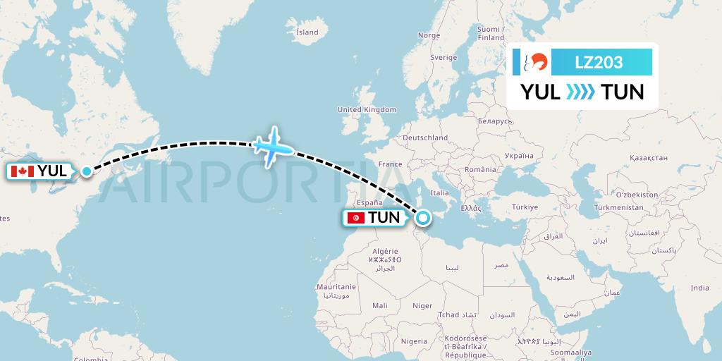 LZ203 Air Link Flight Map: Montreal to Tunis