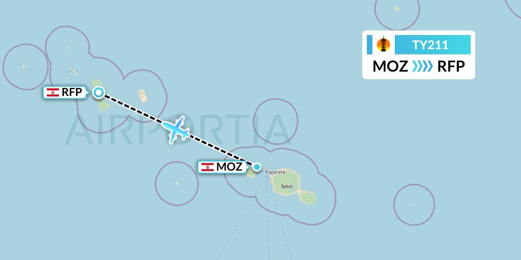 TY211 Air Caledonie Flight Map: Moorea to Raiatea