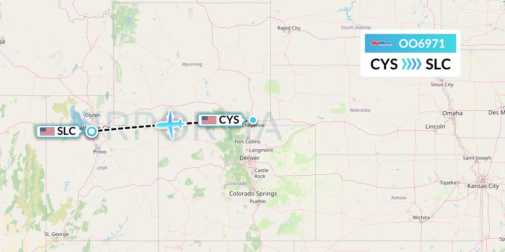 OO6971 SkyWest Airlines Flight Map: Cheyenne to Salt Lake City