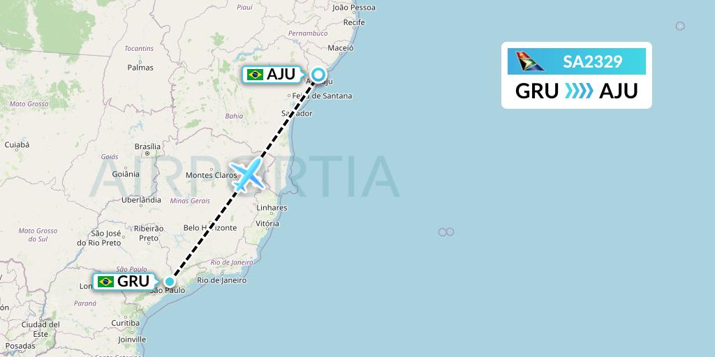 SA2329 South African Airways Flight Map: Sao Paulo to Aracaju