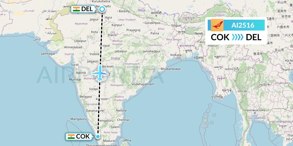 AI2516 Air India Flight Map: Cochin to Delhi