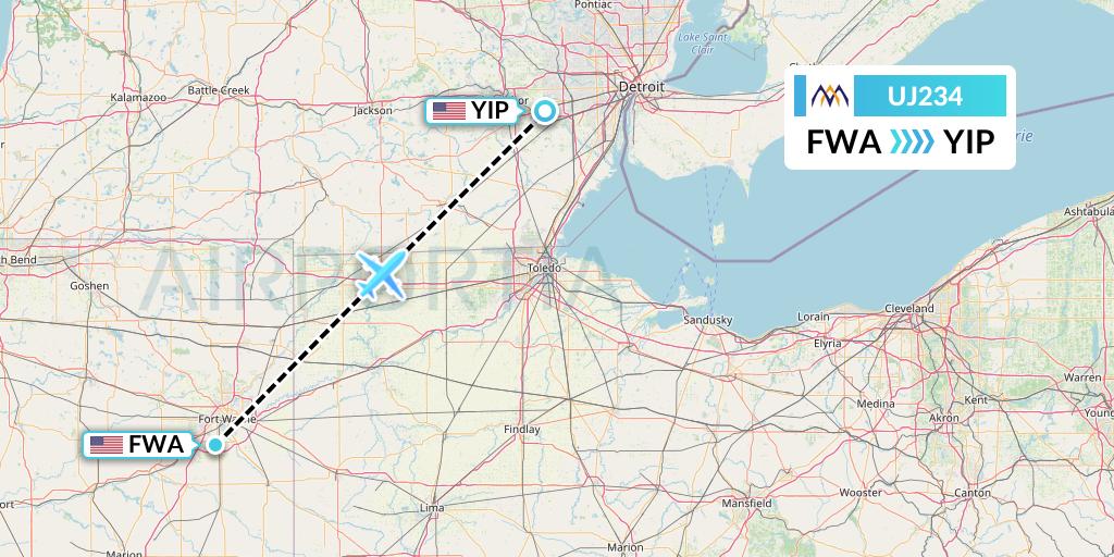 UJ234 AlMasria Universal Airlines Flight Map: Fort Wayne to Detroit