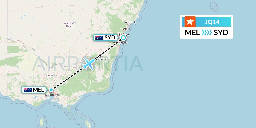 JQ14 Jetstar Airways Flight Map: Melbourne to Sydney