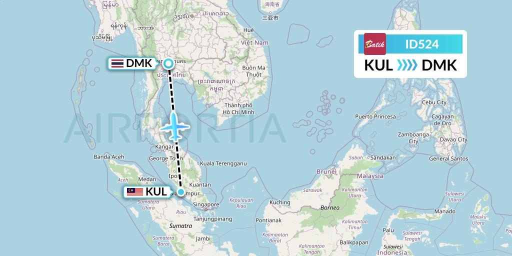 ID524 Batik Air Flight Map: Kuala Lumpur to Bangkok