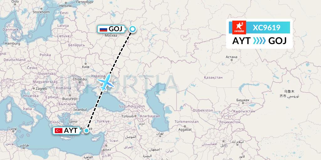 XC9619 Corendon Airlines Flight Map: Antalya to Nizhny Novgorod