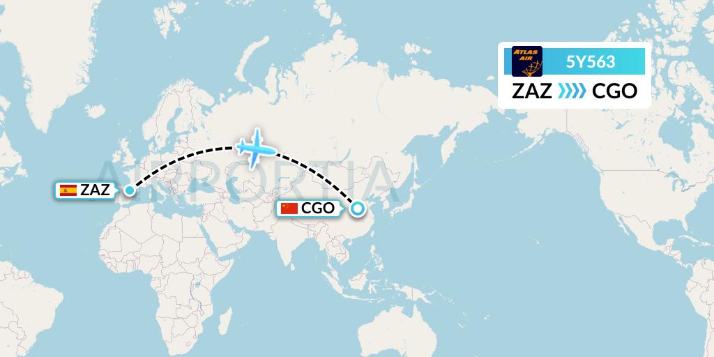 5Y563 Atlas Air Flight Map: Zaragoza to Zhengzhou