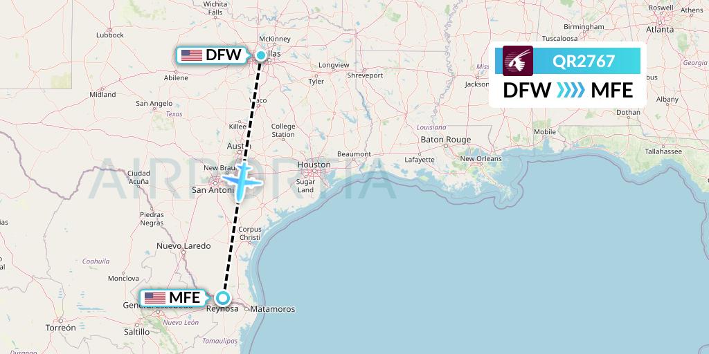 QR2767 Qatar Airways Flight Map: Dallas to McAllen