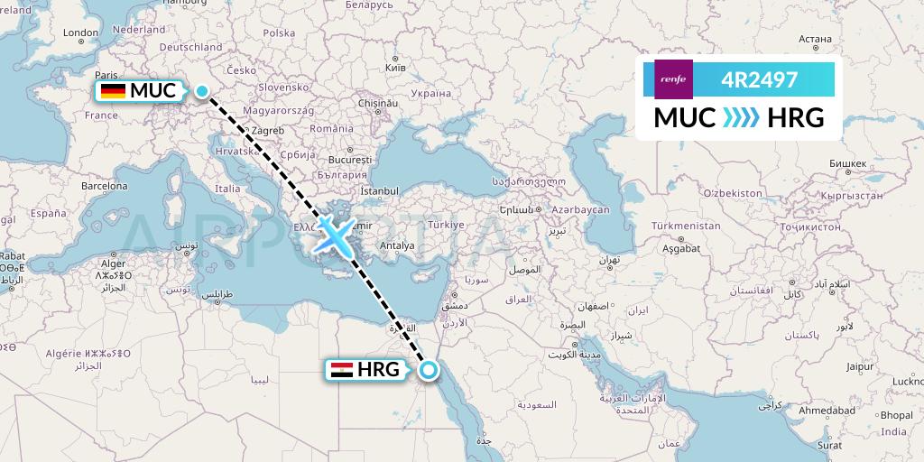 4R2497 Northern Thurderbird Air Flight Map: Munich to Hurghada