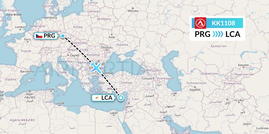 KK1108 Atlasjet Flight Map: Prague to Larnaca