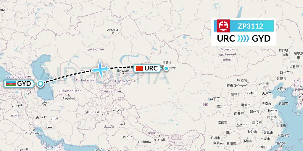 ZP3112 Paranair Flight Map: Urumqi to Baku