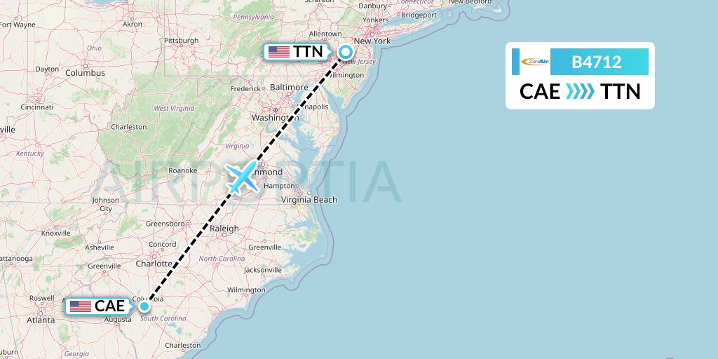 B4712 Zanair Flight Map: Columbia to Trenton