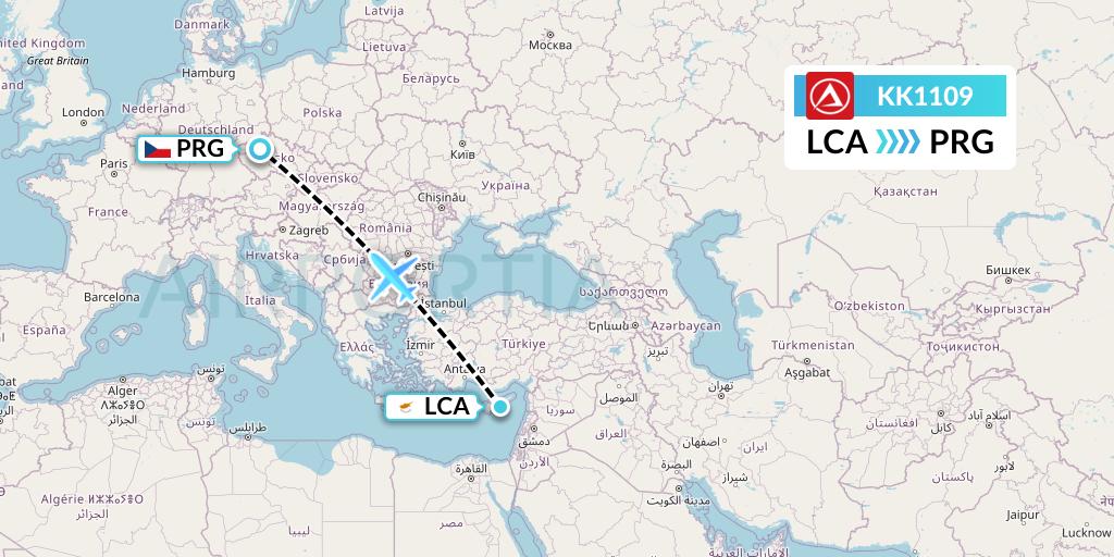 KK1109 Atlasjet Flight Map: Larnaca to Prague