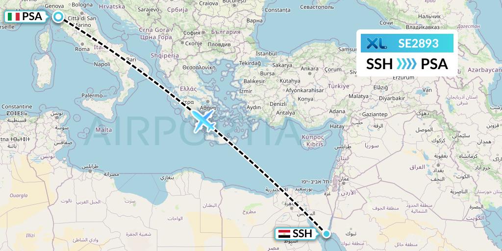 SE2893 XL Airways France Flight Map: Sharm el-Sheikh to Pisa