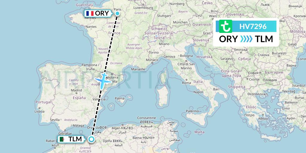 HV7296 Transavia Flight Map: Paris to Tlemcen