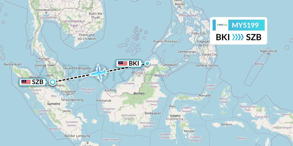 MY5199 MASwings Flight Map: Kota Kinabalu to Kuala Lumpur