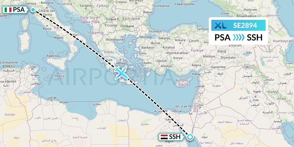SE2894 XL Airways France Flight Map: Pisa to Sharm el-Sheikh