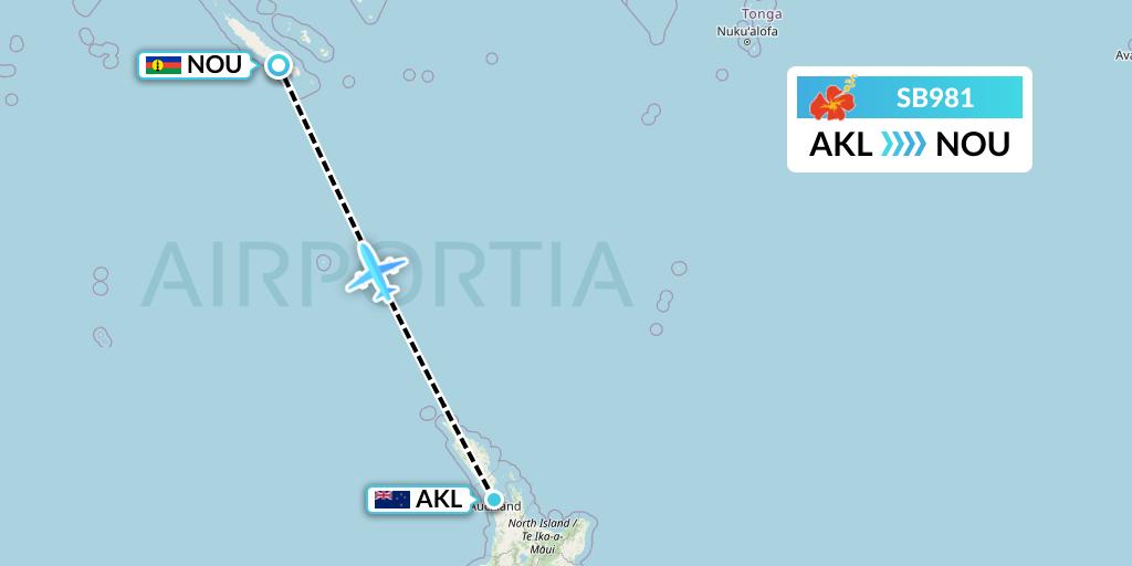 SB981 Aircalin Flight Map: Auckland to Noumea