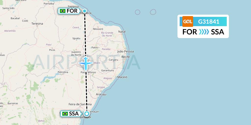 G31841 GOL Transportes Aeros Flight Map: Fortaleza to Salvador