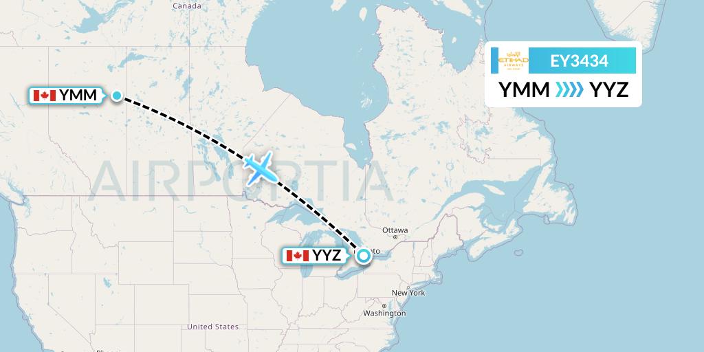 EY3434 Etihad Airways Flight Map: Fort McMurray to Toronto
