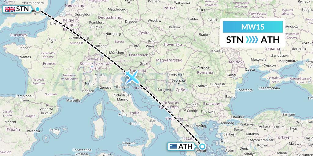 MW15 Mokulele Flight Service Flight Map: London to Athens
