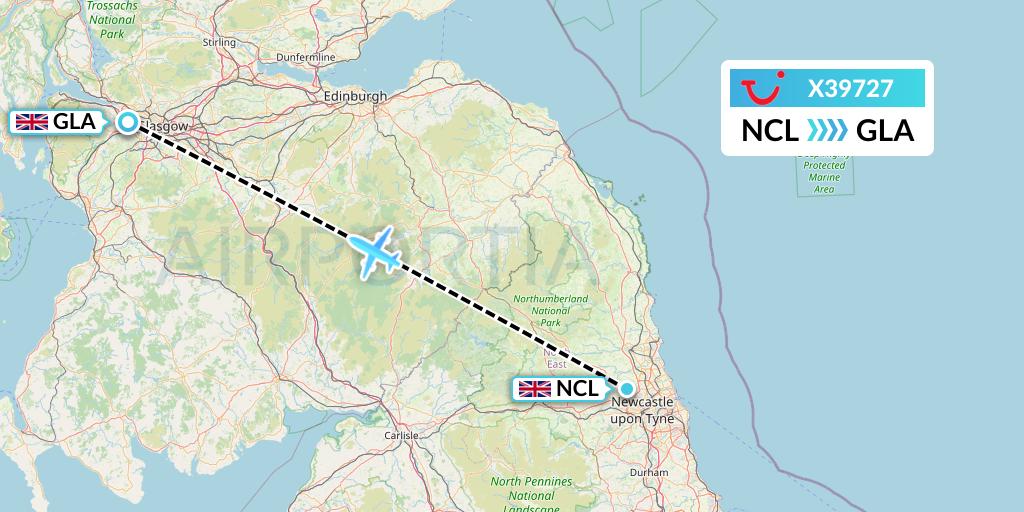 X39727 TUI fly Germany Flight Map: Newcastle to Glasgow