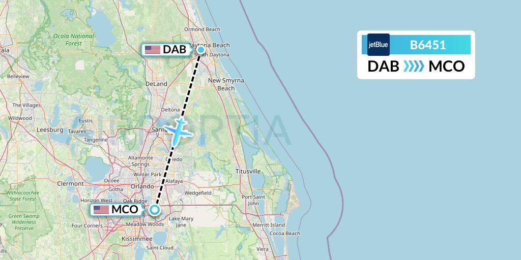 B6451 JetBlue Airways Flight Map: Daytona Beach to Orlando