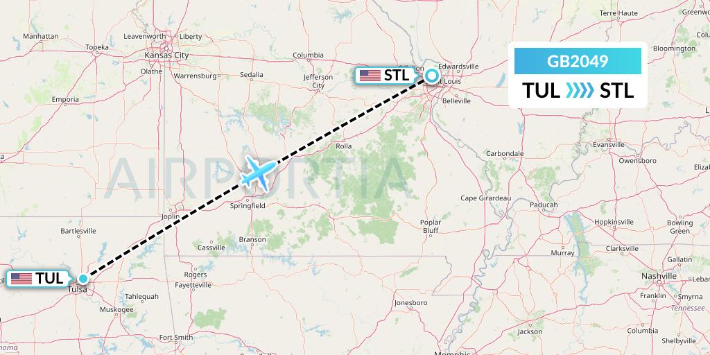 GB2049 ABX Air Flight Map: Tulsa to St. Louis