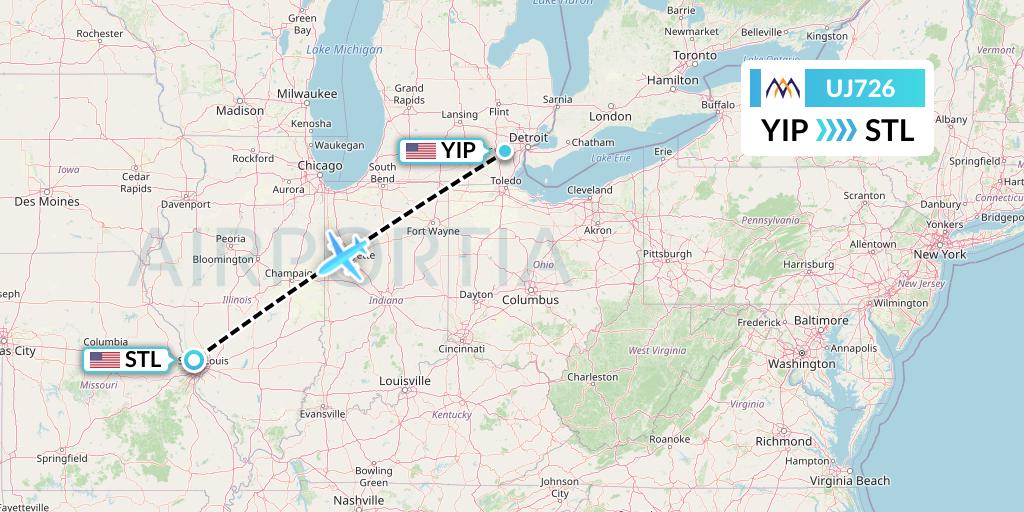 UJ726 AlMasria Universal Airlines Flight Map: Detroit to St. Louis