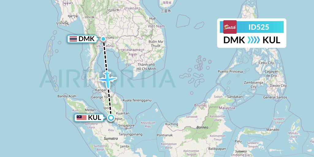 ID525 Batik Air Flight Map: Bangkok to Kuala Lumpur