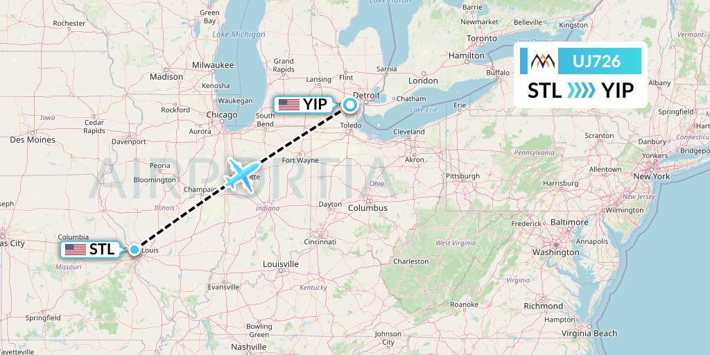 UJ726 AlMasria Universal Airlines Flight Map: St. Louis to Detroit