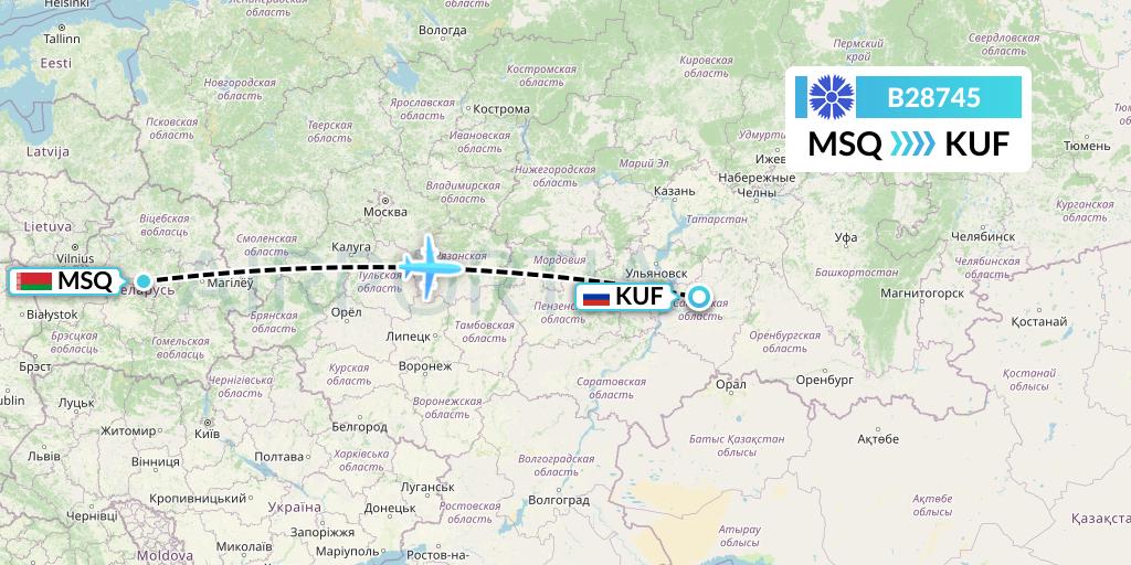 B28745 Belavia Flight Map: Minsk to Samara