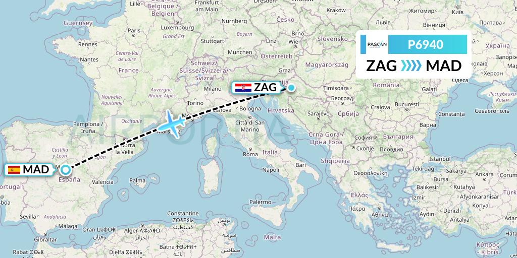 P6940 Pascan Aviation Flight Map: Zagreb to Madrid