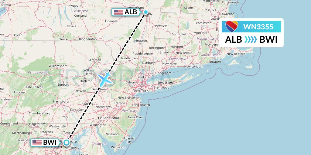 WN3355 Southwest Airlines Flight Map: Albany to Baltimore