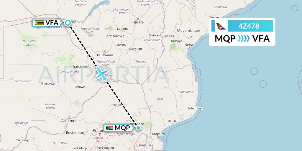4Z478 Airlink Flight Map: Nelspruit to Victoria Falls