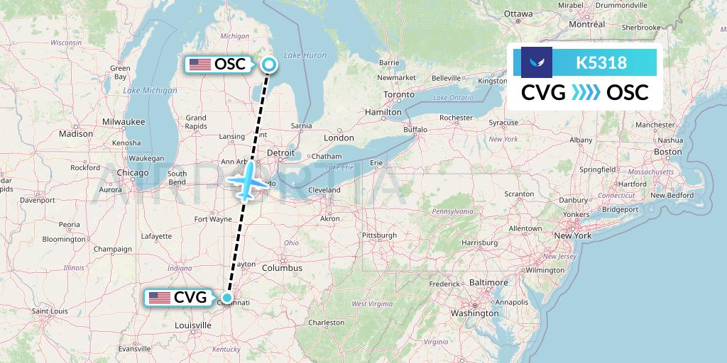 K5318 SeaPort Airlines Flight Map: Cincinnati to Oscoda