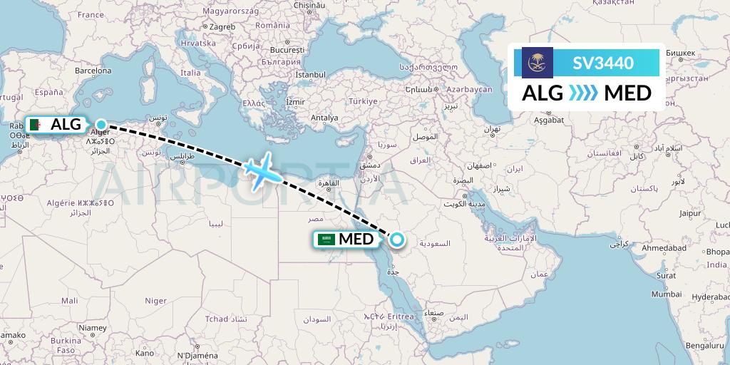 SV3440 Saudi Arabian Airlines Flight Map: Algiers to Medina