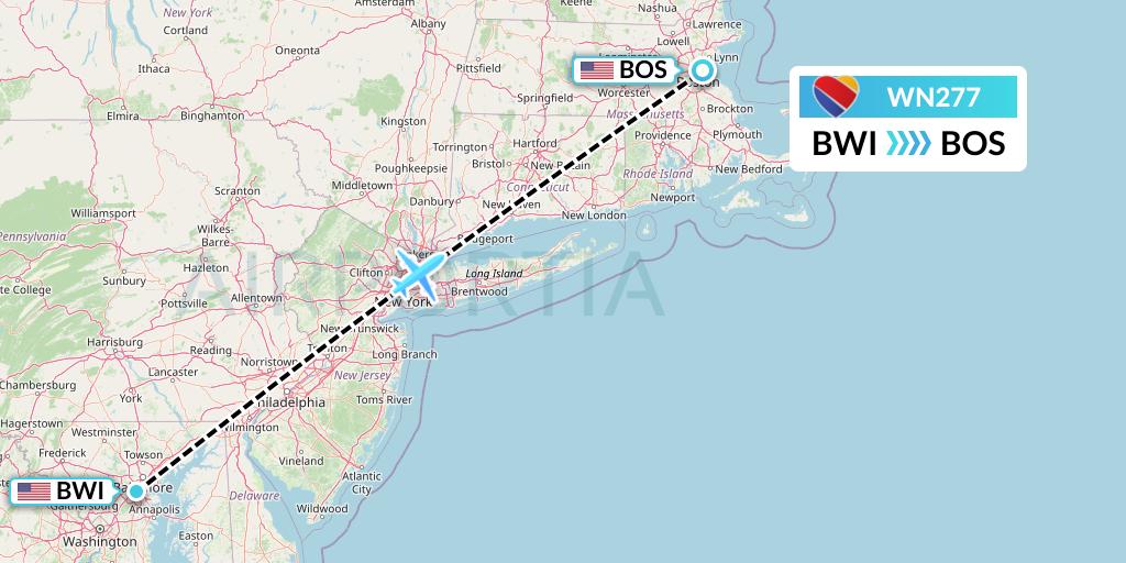 WN277 Southwest Airlines Flight Map: Baltimore to Boston