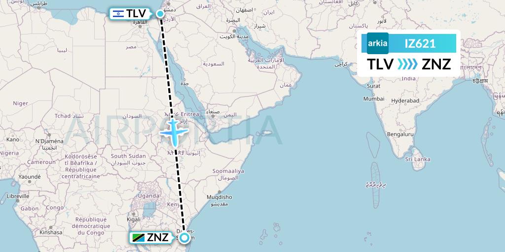 IZ621 Arkia Israeli Airlines Flight Map: Tel Aviv to Zanzibar
