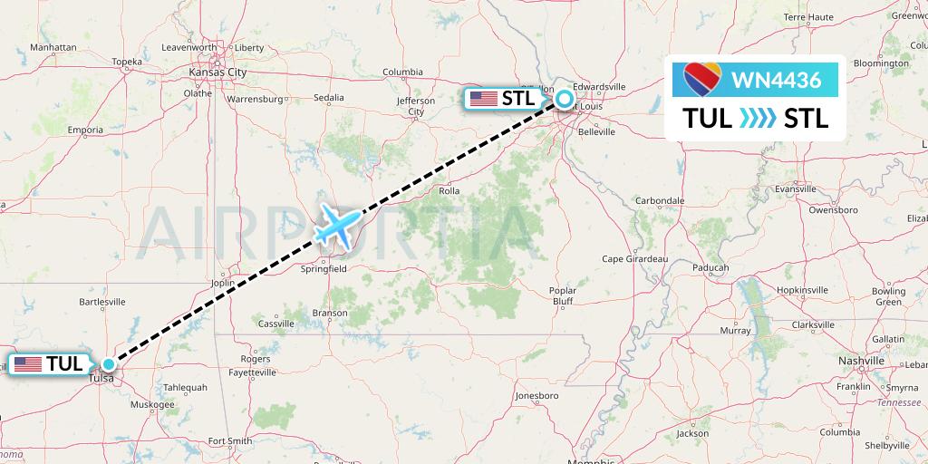 WN4436 Southwest Airlines Flight Map: Tulsa to St. Louis
