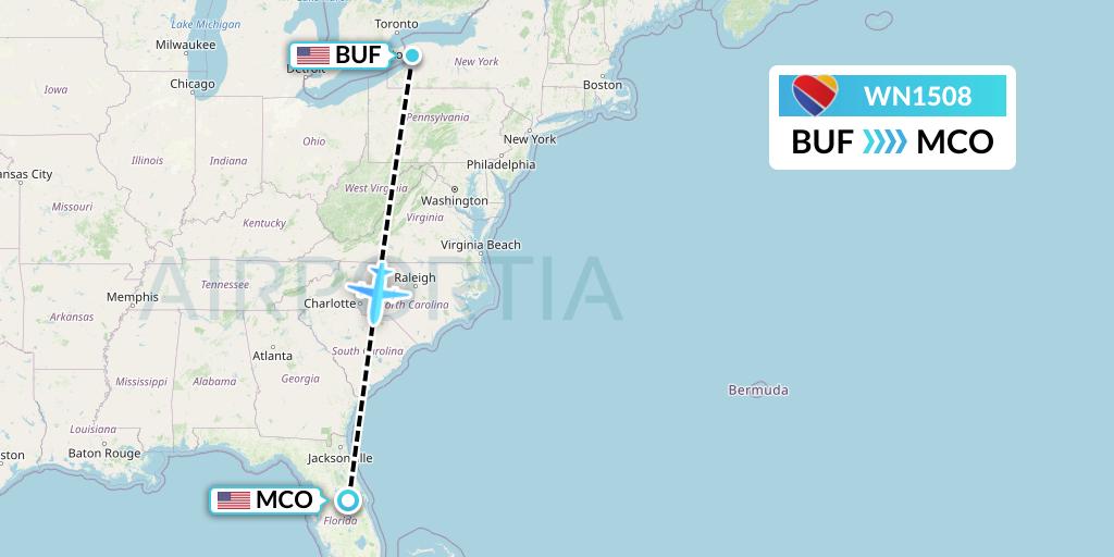 WN1508 Southwest Airlines Flight Map: Buffalo to Orlando