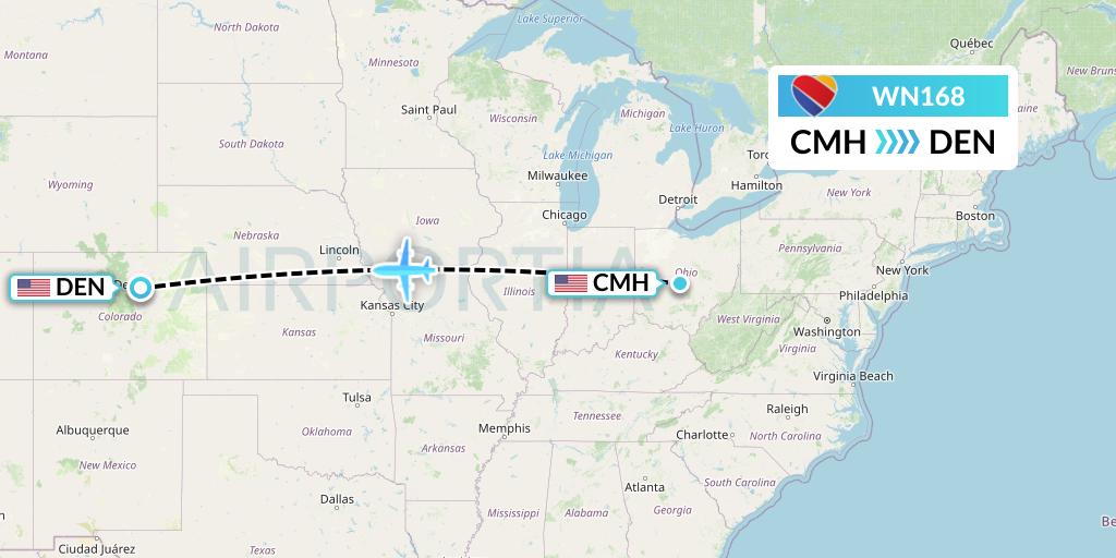 WN168 Southwest Airlines Flight Map: Columbus to Denver