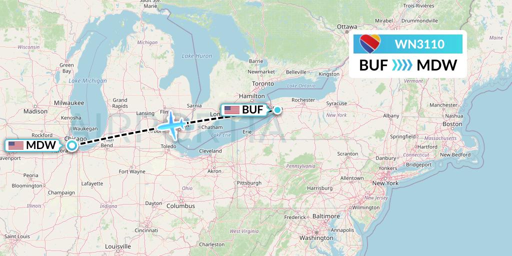 WN3110 Southwest Airlines Flight Map: Buffalo to Chicago