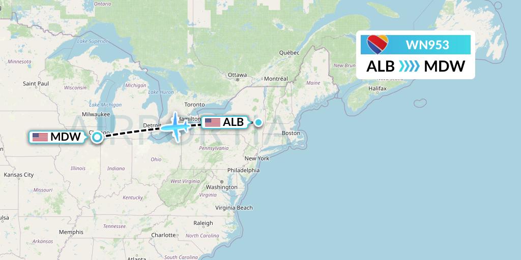 WN953 Southwest Airlines Flight Map: Albany to Chicago