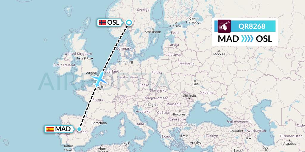 QR8268 Qatar Airways Flight Map: Madrid to Oslo