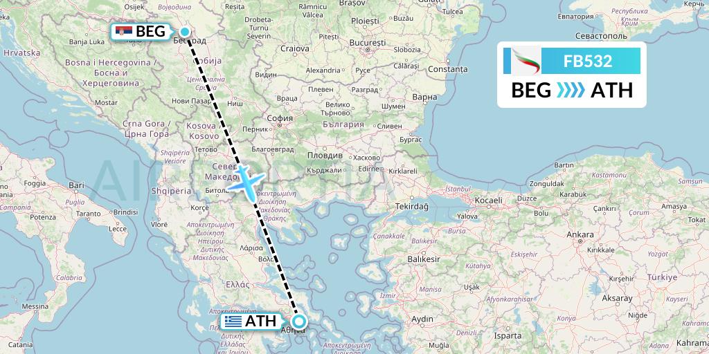 FB532 Bulgaria Air Flight Map: Belgrade to Athens